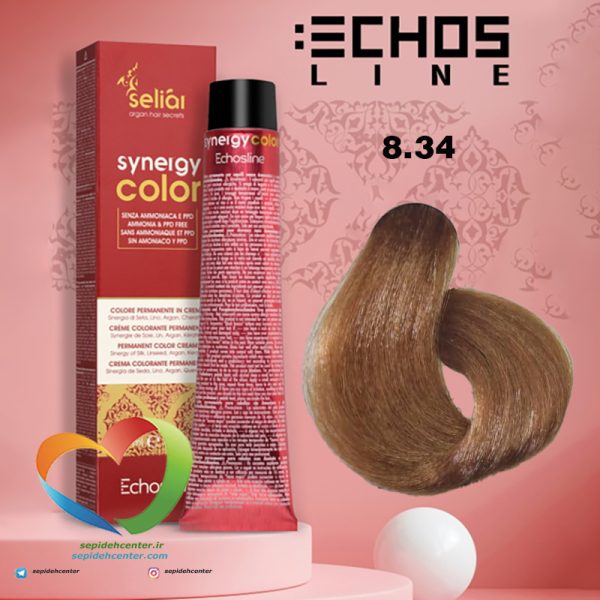 رنگ موی بدون آمونیاک مسی طلایی روشن 8.34 سینرژی اچ اس لاین Hair Color ECHOSLINE Synergy Light Blonde Golden Copper